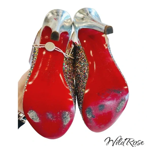 CHRISTIAN LOUBOUTIN Sparkle Confetti Glitter Prive Slingback Pump Sandals SZ 36